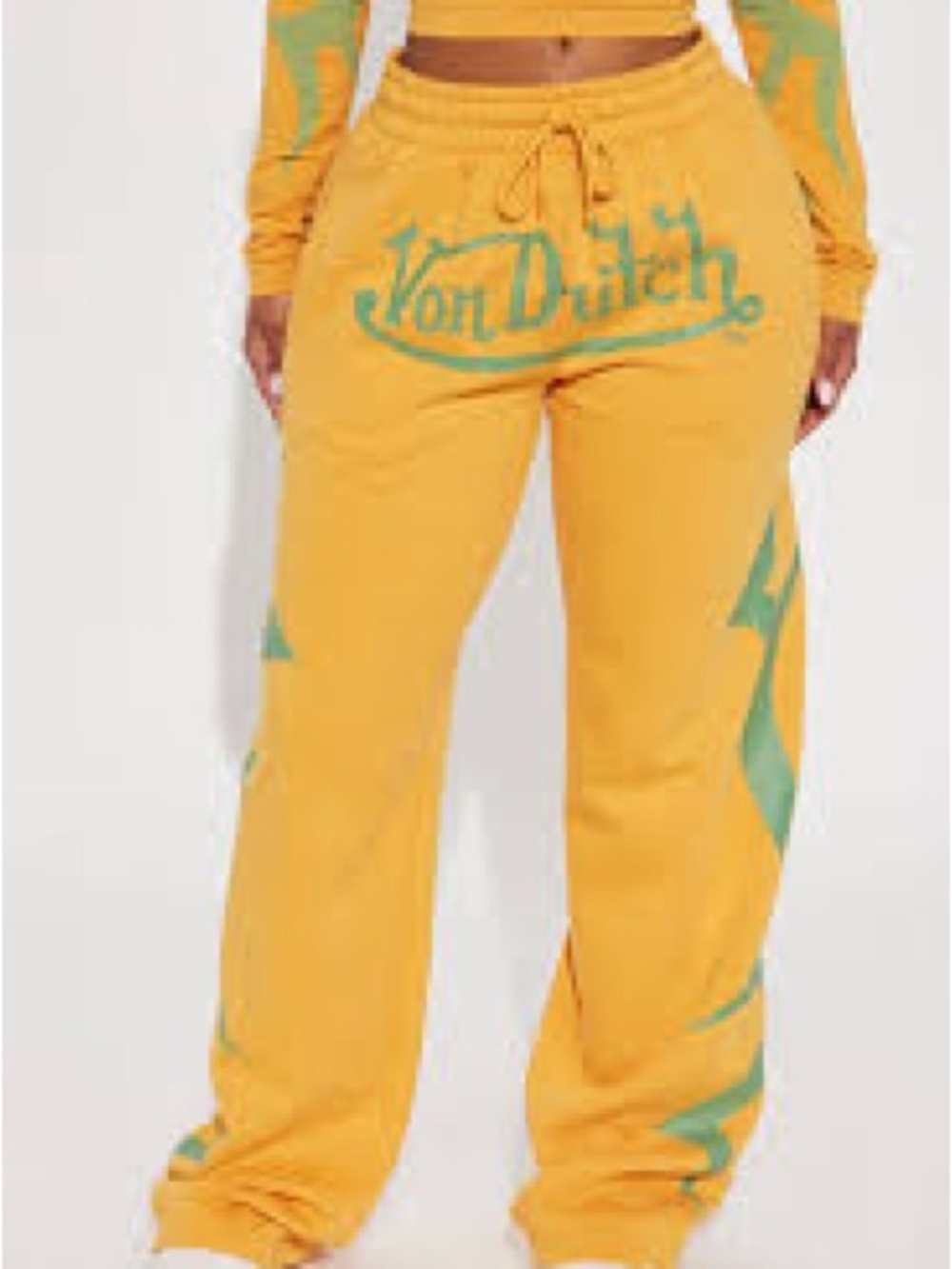 Von Dutch Tribal Wide Leg Yellow Sweatpants with Teal Graphics Large